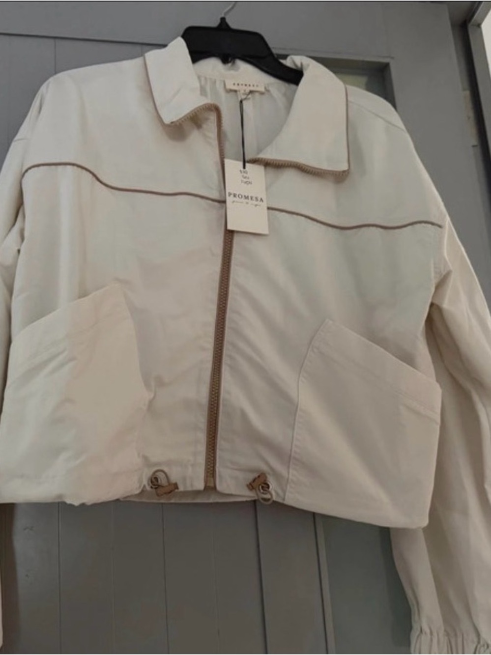 Promesa Cream Bomber Jacket with Tan Trim Accents